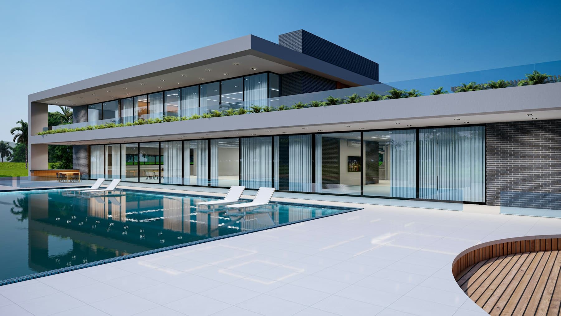 A contemporary residence set above water at dusk